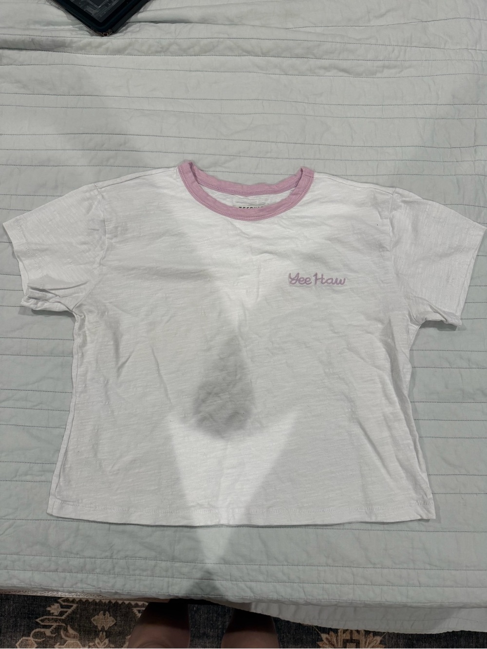 Tecovas White Tee with Pink Ringer and 'Yee Haw' Embroidery